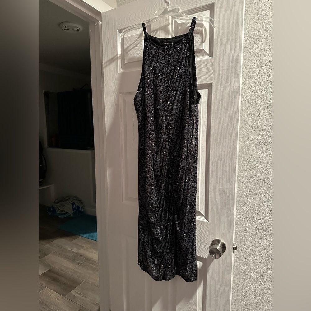 Black sparkly ruched cocktail dress